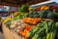 Colorful bell peppers and zucchini at farmers market in summer, A bustling farmer\'s market with vibrant, fresh produce and