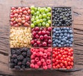 Colorful berries in wooden box on the table. Top view. Royalty Free Stock Photo