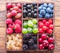 Colorful berries in wooden box on the table. Top view