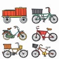 Colorful bicycles cargo bikes collection different types transport. Kids adult bicycles carts