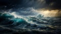 Colorful big wave, storm, sun rays and water spray. Ai Generated Royalty Free Stock Photo