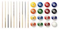 Colorful billiard balls with numbers and various pool cues. Glossy snooker ball. Sports equipment. Vector illustration. Royalty Free Stock Photo