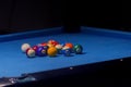 Colorful billiards balls. Billiard ball at blue table. Colorful Royalty Free Stock Photo