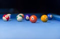 Colorful billiards balls. Billiard ball at blue table. Colorful Royalty Free Stock Photo