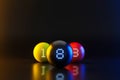 Colorful Billiards balls on nightlife background with pool game and entertainment concept. Realistic 3D rendering and space for