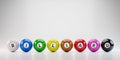 Colorful Billiards balls on white background with standard eight colors. 3D render of snooker pool balls object