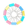 Colorful binder clips on white, top view. Stationery item