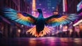 Colorful Bird in the City Street. Urban Flight of a Colorful Bird.