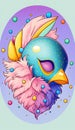 a colorful bird with feathers and a blue mask on it\'s head, with bubbles and bubbles around it, in a circular frame Royalty Free Stock Photo