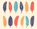 Colorful bird feathers set icon. Feather silhouette. Plumelet flat collection. Vintage pen for calligraphy. Vector Royalty Free Stock Photo