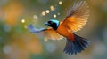 Colorful Bird in Flight, Bokeh Background Royalty Free Stock Photo