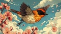 Orange Bird Flying Amidst Peach Blossoms and Clouds Royalty Free Stock Photo
