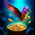 Colorful bird flying over a bowl full of beans, 3d illustration AI Generated