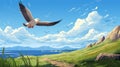 Colorful Bird Flying Over Mountain And Lake - 2d Game Art