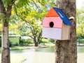 Colorful Bird Houses in the park Hanging on a tree, The bird house was placed at various points.birdhouse forest with many Royalty Free Stock Photo