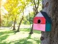 Colorful Bird Houses in the park Hanging on a tree, The bird house was placed at various points.birdhouse forest with many Royalty Free Stock Photo