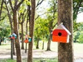 Colorful Bird Houses in the park Hanging on a tree, The bird house was placed at various points.birdhouse forest with many brightl