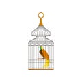 Colorful bird with long feathers sitting in antique metallic cage. Concept of domestic pet. Flat vector design element Royalty Free Stock Photo