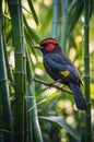 Black-and-red Broadbill Bird Resting On Bamboo Branch In Green Forest Environment Royalty Free Stock Photo
