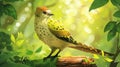 Beautiful Yellow Bird Perched on a Log in Lush Green Forest Royalty Free Stock Photo
