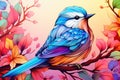 a colorful bird sitting on a branch with leaves and flowers. generative ai Royalty Free Stock Photo