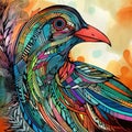 a colorful bird is sitting on a colorful background with circles and lines on it\'s body and a colorf