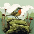 Colorful Bird Sitting On Rock: Detailed Genre Painting Style Vector Illustration