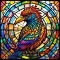 A colorful bird sitting on top of a stained glass window, colorful glass art, beautiful stained glass window. Royalty Free Stock Photo