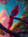 Colorful bird sitting on tree branch in the garden at sunset Royalty Free Stock Photo