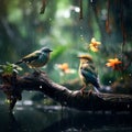 colorful bird sitting in rain generated by AI tool