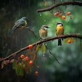 colorful bird sitting in rain generated by AI tool
