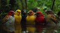 Colorful birds bathe in a rain puddle Royalty Free Stock Photo