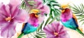 Colorful birds and flowers watercolor Vector. Tropic card backgrounds