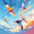 Colorful birds gracefully soaring through a clear blue sky