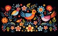 Whimsical Bird and Flower Artwork, Vibrant Folklore Nature Scene