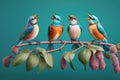 colorful birds sitting on a branch and singing, created with Generative AI technology