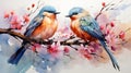 Colorful birds on stick blooming tree with flower in water. Generative AI. Royalty Free Stock Photo