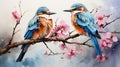 Colorful birds on stick blooming tree with flower in water. Generative AI. Royalty Free Stock Photo