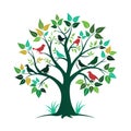 Colorful Birds on a Stylized Tree with Varied Leaves in Vector Illustration Royalty Free Stock Photo
