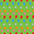 Colorful birthday balloons on green background. Seamless greeting card design vector illustration