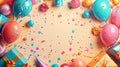 Colorful Birthday Bash: Festive Party Decor with Balloons, Presents, and Confetti in Flat Lay Style - Perfect for Personalized