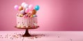 Colorful birthday cake with candies and balloons on cake stand and pink background.Macro.AI Generative