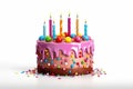colorful birthday cake with candles. isolated on white background Royalty Free Stock Photo