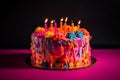 Colorful birthday cake exploding and melting. Conceptual illustration. Generative AI