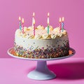 A colorful birthday cake with lit candles, creamy frosting, and sprinkles on a pink background. Royalty Free Stock Photo