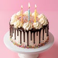 A colorful birthday cake with lit candles, creamy frosting, and sprinkles on a pink background. Royalty Free Stock Photo