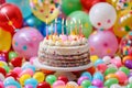 Colorful birthday cake with lit candles surrounded by balloons and confetti Royalty Free Stock Photo