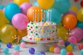 Colorful birthday cake with lit candles surrounded by balloons and confetti Royalty Free Stock Photo