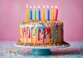 Colorful birthday cake with lit colored candles.