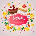 Colorful birthday card with berry cupcakes